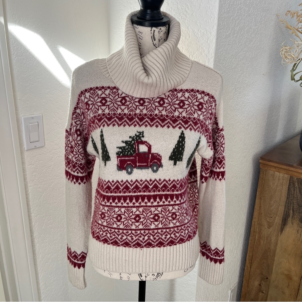 Festive Cream and Red Turtleneck Sweater with Classic Tree/Truck design